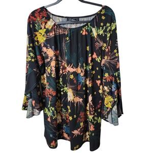 Calessa Womens BLACK Fairy Boho Tunic Top Size XL Artsy Double Bell Sleeves